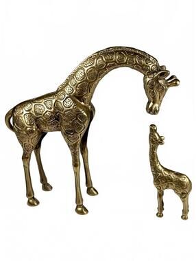 Vintage Brass Giraffe Figurines Set of Mother & Baby Calf Hollywood Regency MCM